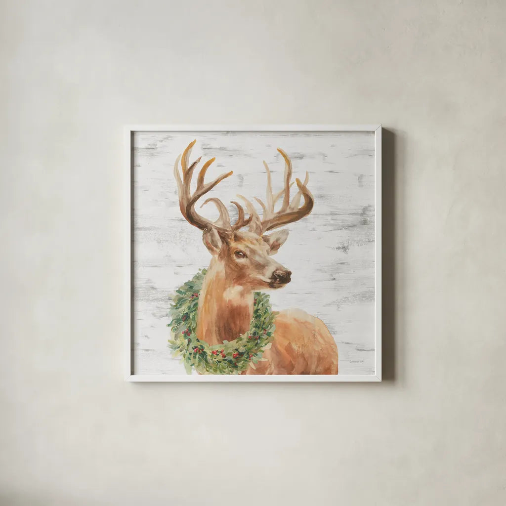 Woodland Holidays Stag Gray by Danhui Nai. Shown in a crisp white glass frame for a clean and minimalist style. Available as an archival giclee rolled canvas, fine art paper, or poster print. SKU 58283a.