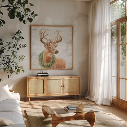 Woodland Holidays Stag Gray by Danhui Nai. Shown in a natural wood frame in a cozy modern living room. Available as an archival giclee rolled canvas, fine art paper, or poster print. SKU 58283a.