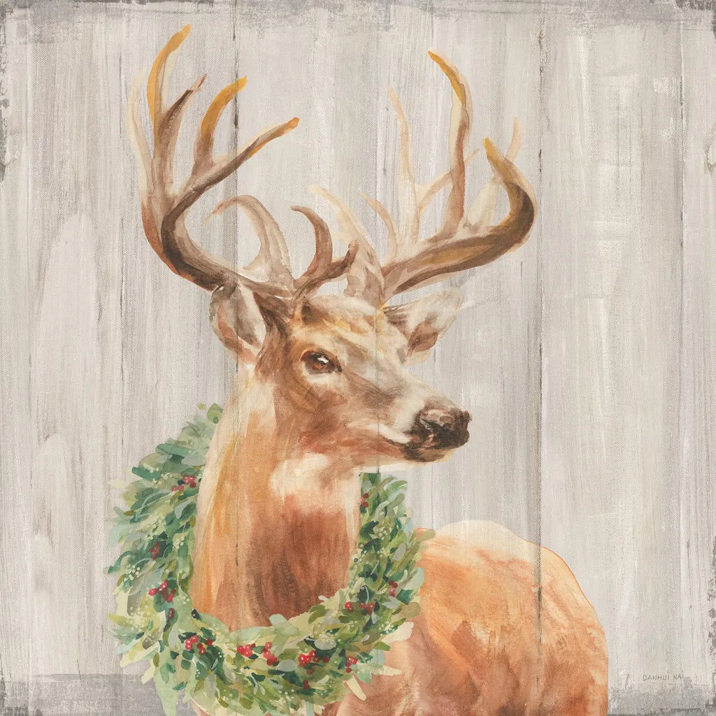 Woodland Holidays Stag with Wreath by Danhui Nai. SKU 38880a. Archival Giclee Fine art print for wall decor.