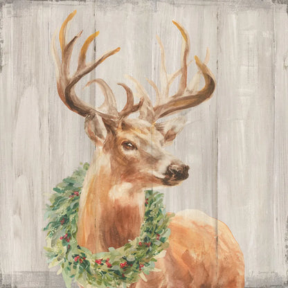 Woodland Holidays Stag with Wreath by Danhui Nai. SKU 38880a. Archival Giclee Fine art print for wall decor.