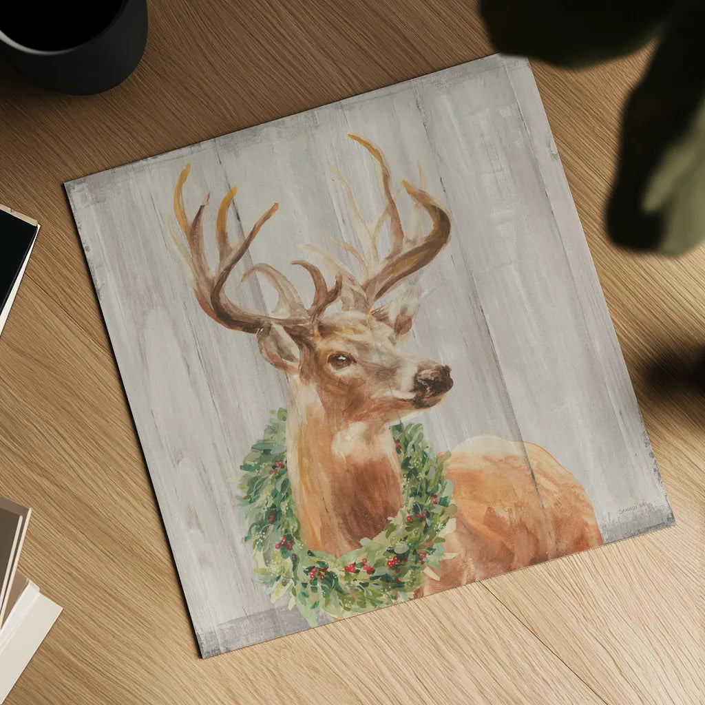 Woodland Holidays Stag with Wreath by Danhui Nai. Shown as a detailed flat fine art print, highlighting archival giclee quality. Available as an archival giclee rolled canvas, fine art paper, or poster print. SKU 38880a.