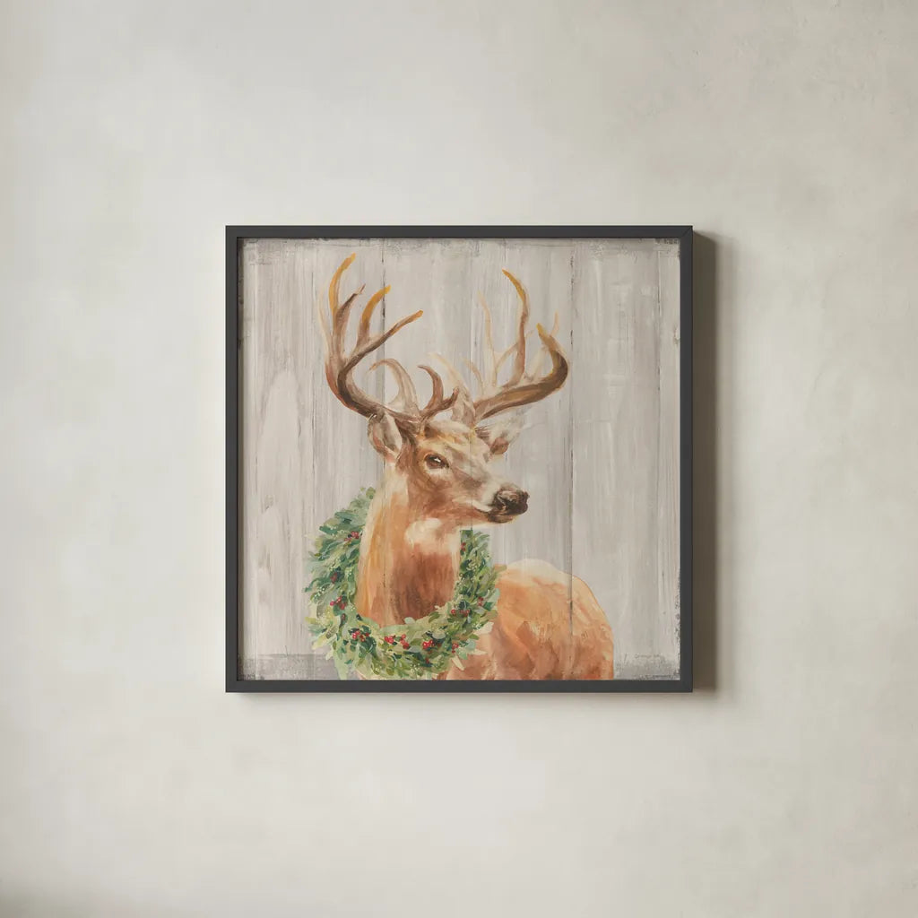 Woodland Holidays Stag with Wreath by Danhui Nai. Shown in a sleek black glass frame for a contemporary gallery look. Available as an archival giclee rolled canvas, fine art paper, or poster print. SKU 38880a.
