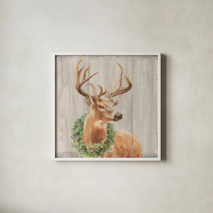 Woodland Holidays Stag with Wreath by Danhui Nai. Shown in a crisp white glass frame for a clean and minimalist style. Available as an archival giclee rolled canvas, fine art paper, or poster print. SKU 38880a.