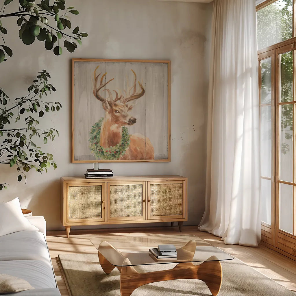 Woodland Holidays Stag with Wreath by Danhui Nai. Shown in a natural wood frame in a cozy modern living room. Available as an archival giclee rolled canvas, fine art paper, or poster print. SKU 38880a.