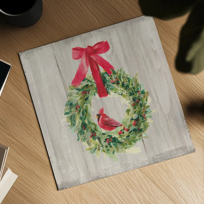 Woodland Holidays Wreath by Danhui Nai. Shown as a detailed flat fine art print, highlighting archival giclee quality. Available as an archival giclee rolled canvas, fine art paper, or poster print. SKU 38764a.