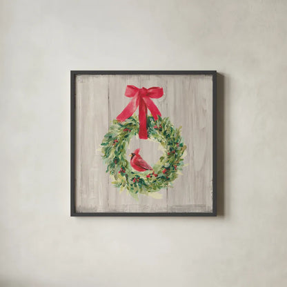 Woodland Holidays Wreath by Danhui Nai. Shown in a sleek black glass frame for a contemporary gallery look. Available as an archival giclee rolled canvas, fine art paper, or poster print. SKU 38764a.