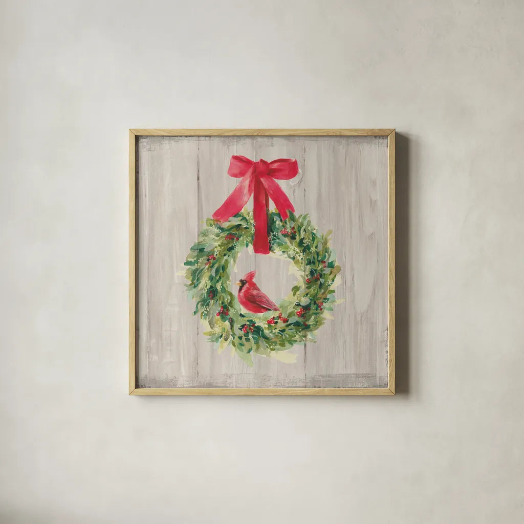 Woodland Holidays Wreath by Danhui Nai. Shown in a natural wood glass frame for a timeless modern aesthetic. Available as an archival giclee rolled canvas, fine art paper, or poster print. SKU 38764a.