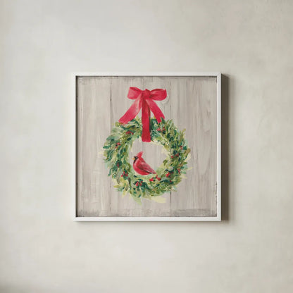 Woodland Holidays Wreath by Danhui Nai. Shown in a crisp white glass frame for a clean and minimalist style. Available as an archival giclee rolled canvas, fine art paper, or poster print. SKU 38764a.