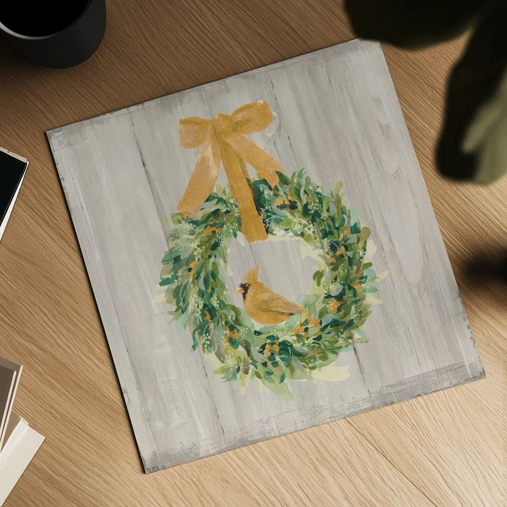Woodland Holidays Wreath Gold by Danhui Nai. Shown as a detailed flat fine art print, highlighting archival giclee quality. Available as an archival giclee rolled canvas, fine art paper, or poster print. SKU 57732a.