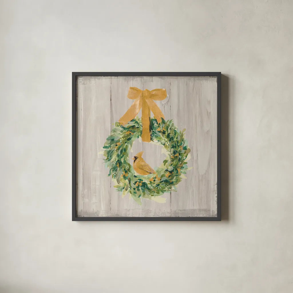 Woodland Holidays Wreath Gold by Danhui Nai. Shown in a sleek black glass frame for a contemporary gallery look. Available as an archival giclee rolled canvas, fine art paper, or poster print. SKU 57732a.
