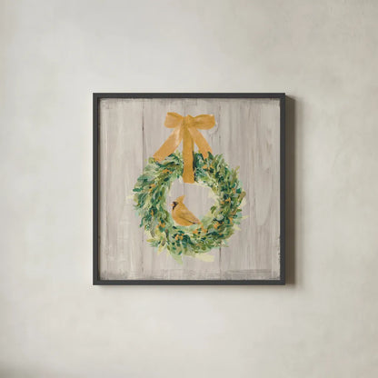 Woodland Holidays Wreath Gold by Danhui Nai. Shown in a sleek black glass frame for a contemporary gallery look. Available as an archival giclee rolled canvas, fine art paper, or poster print. SKU 57732a.