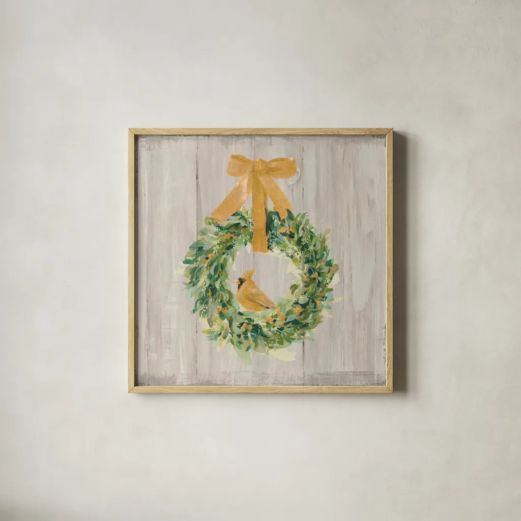 Woodland Holidays Wreath Gold by Danhui Nai. Shown in a natural wood glass frame for a timeless modern aesthetic. Available as an archival giclee rolled canvas, fine art paper, or poster print. SKU 57732a.