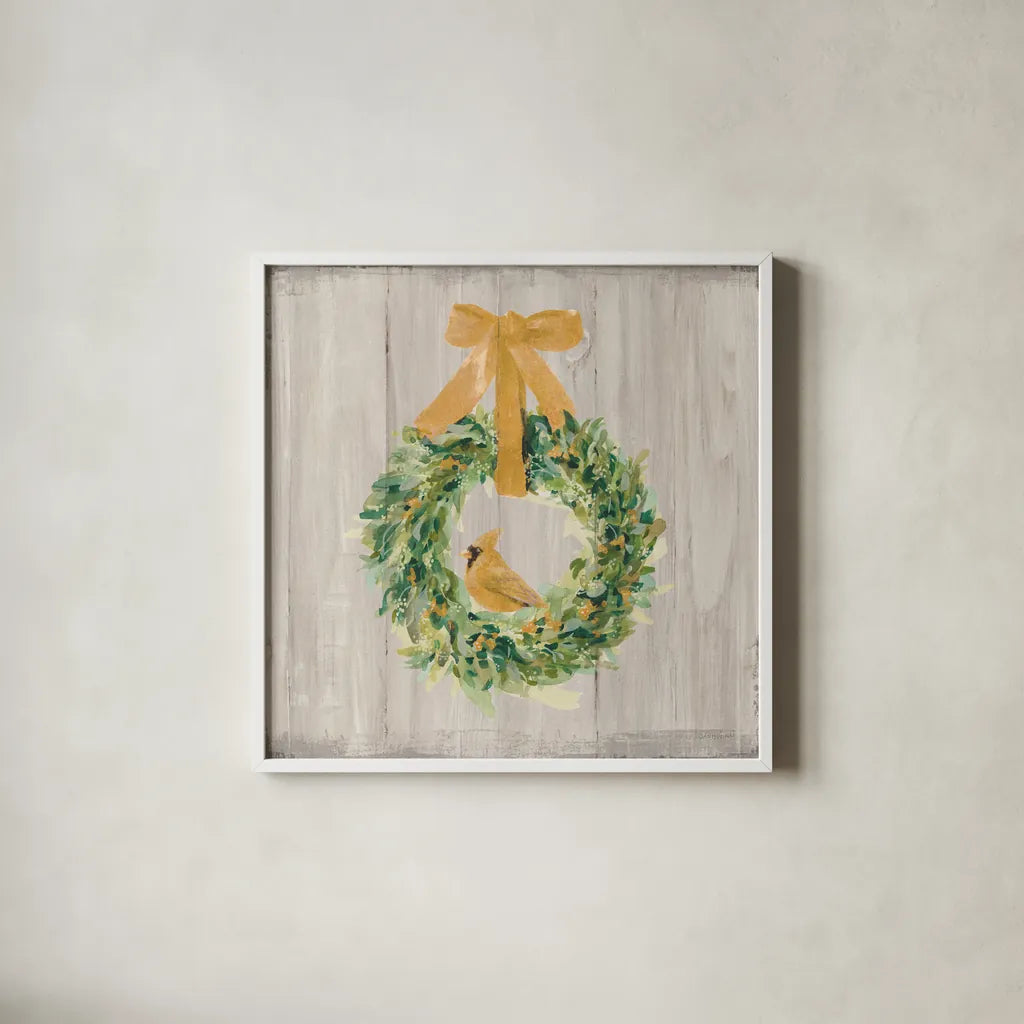 Woodland Holidays Wreath Gold by Danhui Nai. Shown in a crisp white glass frame for a clean and minimalist style. Available as an archival giclee rolled canvas, fine art paper, or poster print. SKU 57732a.