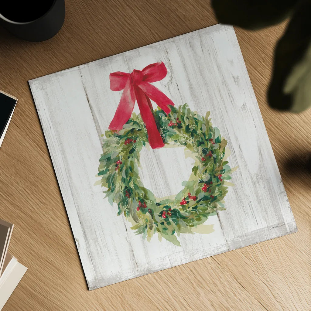 Woodland Holidays Wreath no Bird White by Danhui Nai. Shown as a detailed flat fine art print, highlighting archival giclee quality. Available as an archival giclee rolled canvas, fine art paper, or poster print. SKU 47613a.