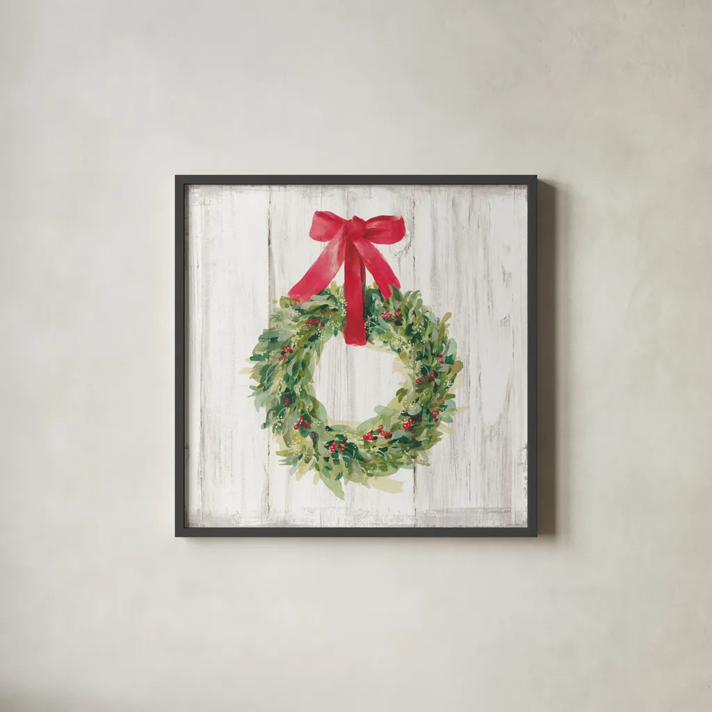 Woodland Holidays Wreath no Bird White by Danhui Nai. Shown in a sleek black glass frame for a contemporary gallery look. Available as an archival giclee rolled canvas, fine art paper, or poster print. SKU 47613a.