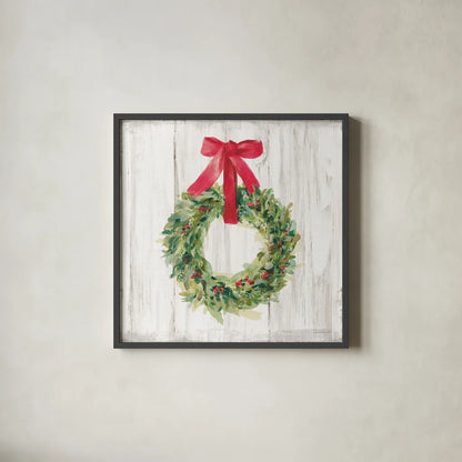 Woodland Holidays Wreath no Bird White by Danhui Nai. Shown in a sleek black glass frame for a contemporary gallery look. Available as an archival giclee rolled canvas, fine art paper, or poster print. SKU 47613a.