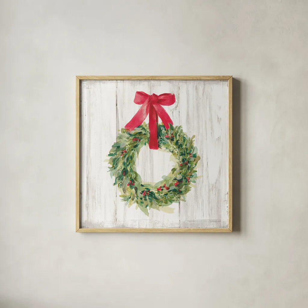 Woodland Holidays Wreath no Bird White by Danhui Nai. Shown in a natural wood glass frame for a timeless modern aesthetic. Available as an archival giclee rolled canvas, fine art paper, or poster print. SKU 47613a.