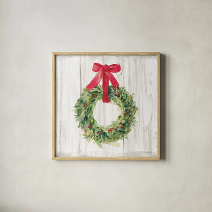 Woodland Holidays Wreath no Bird White by Danhui Nai. Shown in a natural wood glass frame for a timeless modern aesthetic. Available as an archival giclee rolled canvas, fine art paper, or poster print. SKU 47613a.