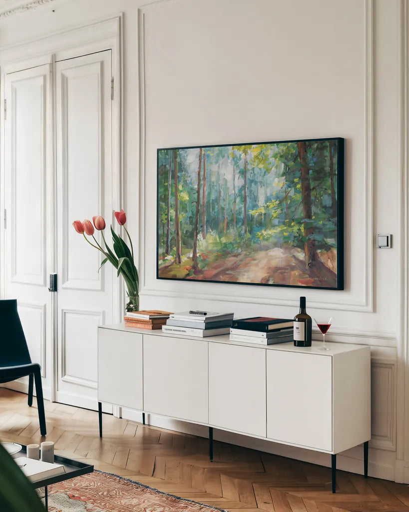 Woodland Reverie Crop by Danhui Nai. shown as a framed stretched canvas in a living room above a console. Available as a archival giclee rolled canvas, fine art paper, or poster print. SKU 77487i.