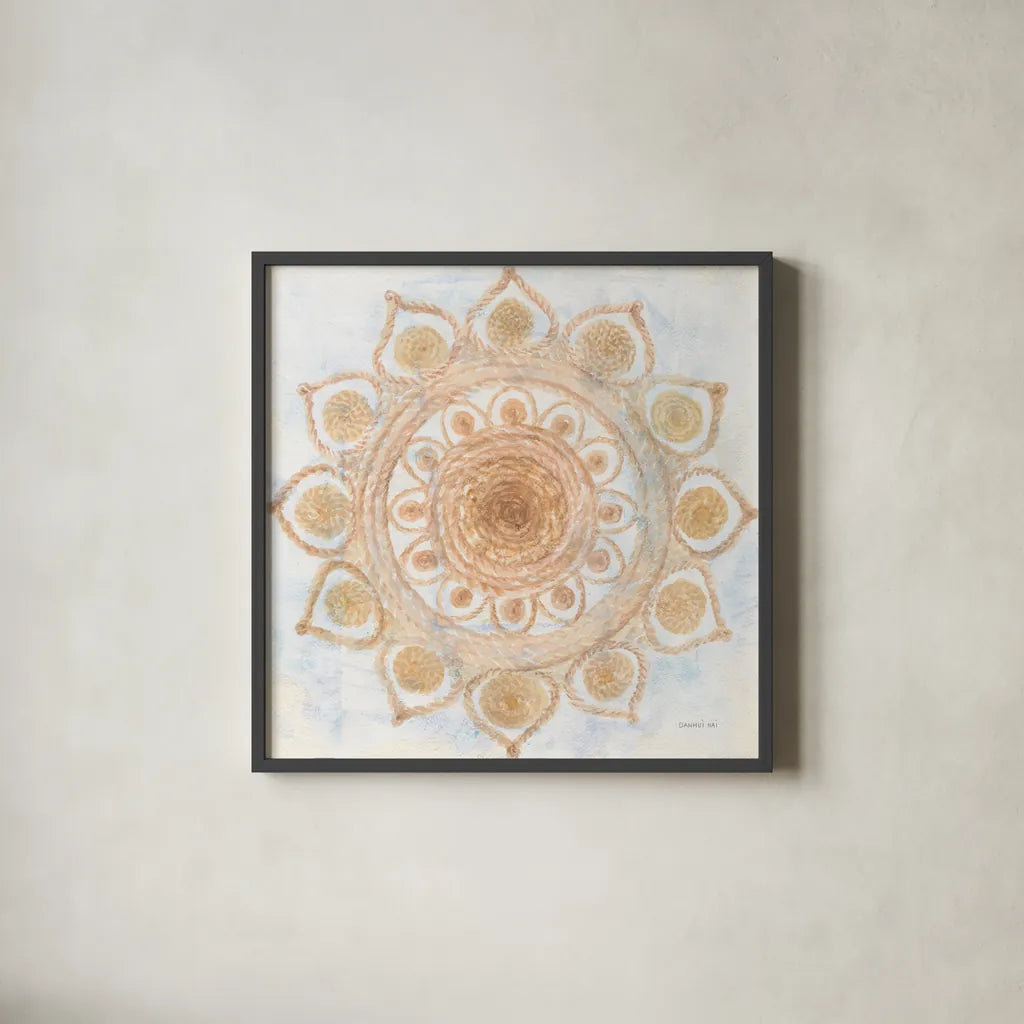 Woven Mandala by Danhui Nai. Shown in a sleek black glass frame for a contemporary gallery look. Available as an archival giclee rolled canvas, fine art paper, or poster print. SKU 74479a.