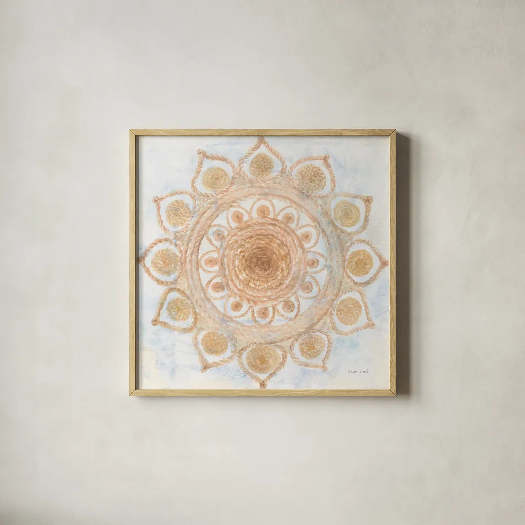 Woven Mandala by Danhui Nai. Shown in a natural wood glass frame for a timeless modern aesthetic. Available as an archival giclee rolled canvas, fine art paper, or poster print. SKU 74479a.
