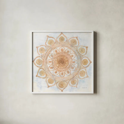 Woven Mandala by Danhui Nai. Shown in a crisp white glass frame for a clean and minimalist style. Available as an archival giclee rolled canvas, fine art paper, or poster print. SKU 74479a.