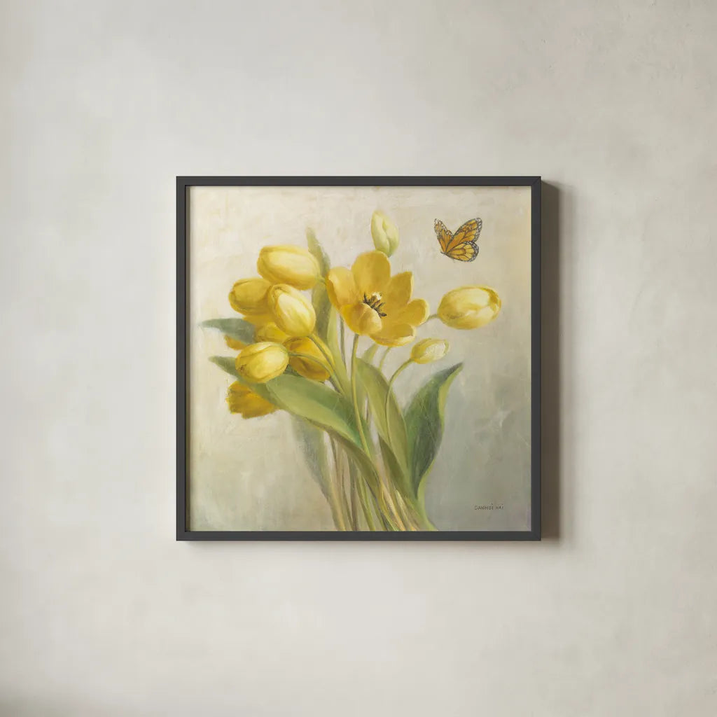 Yellow French Tulips by Danhui Nai. Shown in a sleek black glass frame for a contemporary gallery look. Available as an archival giclee rolled canvas, fine art paper, or poster print. SKU 11450a.