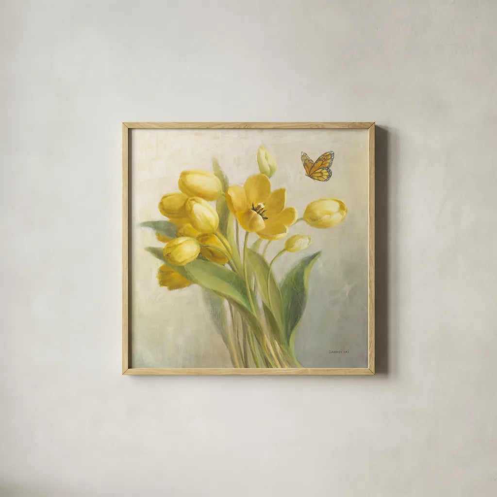 Yellow French Tulips by Danhui Nai. Shown in a natural wood glass frame for a timeless modern aesthetic. Available as an archival giclee rolled canvas, fine art paper, or poster print. SKU 11450a.