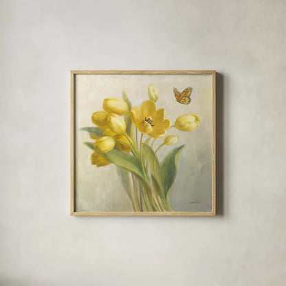 Yellow French Tulips by Danhui Nai. Shown in a natural wood glass frame for a timeless modern aesthetic. Available as an archival giclee rolled canvas, fine art paper, or poster print. SKU 11450a.