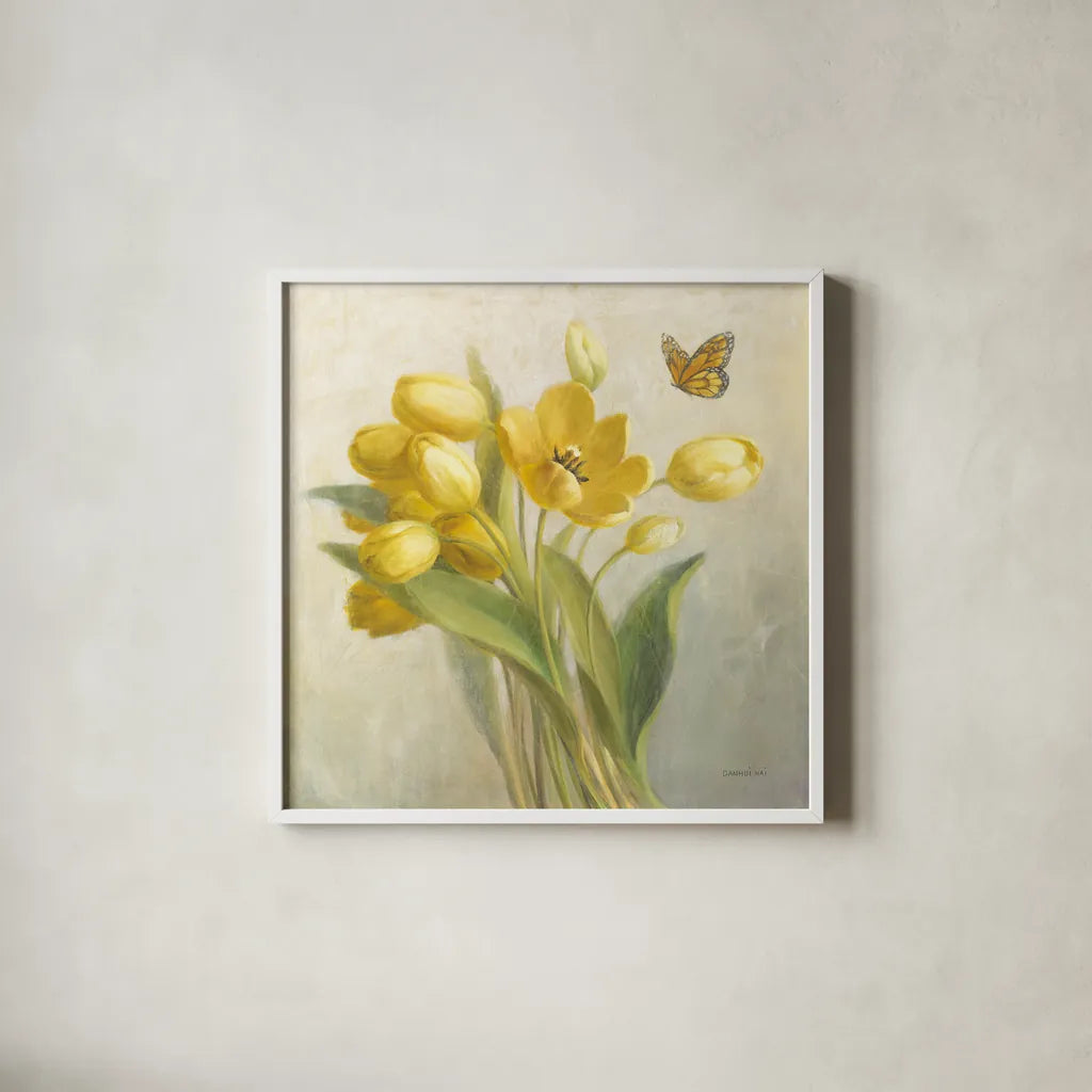 Yellow French Tulips by Danhui Nai. Shown in a crisp white glass frame for a clean and minimalist style. Available as an archival giclee rolled canvas, fine art paper, or poster print. SKU 11450a.