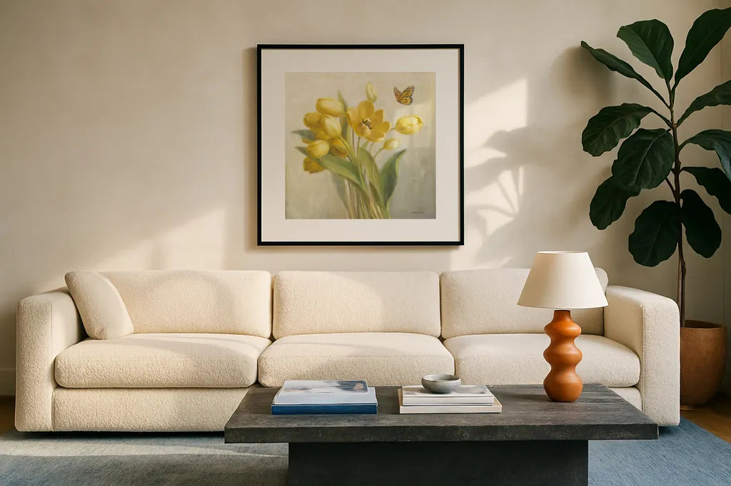 Yellow French Tulips by Danhui Nai. Displayed in a glass frame with matte in a clean modern living room. Available as an archival giclee rolled canvas, fine art paper, or poster print. SKU 11450a.