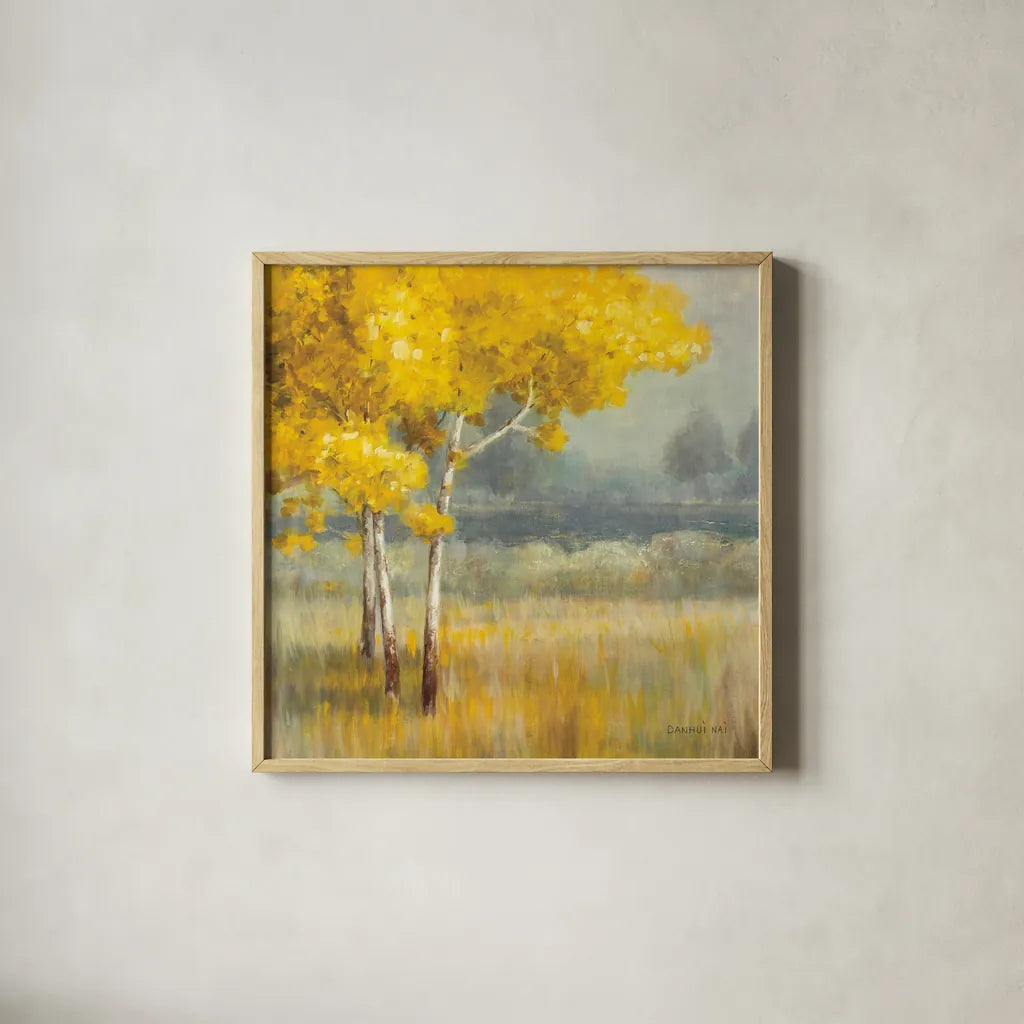 Yellow Landscape Crop by Danhui Nai. Shown in a natural wood glass frame for a timeless modern aesthetic. Available as an archival giclee rolled canvas, fine art paper, or poster print. SKU 14507a.