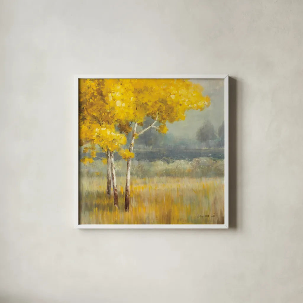 Yellow Landscape Crop by Danhui Nai. Shown in a crisp white glass frame for a clean and minimalist style. Available as an archival giclee rolled canvas, fine art paper, or poster print. SKU 14507a.