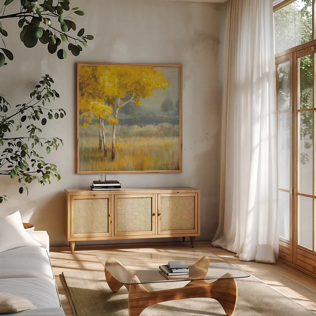 Yellow Landscape Crop by Danhui Nai. Shown in a natural wood frame in a cozy modern living room. Available as an archival giclee rolled canvas, fine art paper, or poster print. SKU 14507a.