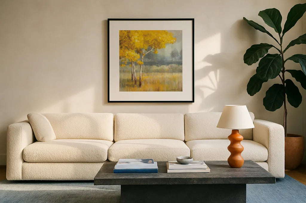 Yellow Landscape Crop by Danhui Nai. Displayed in a glass frame with matte in a clean modern living room. Available as an archival giclee rolled canvas, fine art paper, or poster print. SKU 14507a.