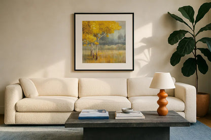 Yellow Landscape Crop by Danhui Nai. Displayed in a glass frame with matte in a clean modern living room. Available as an archival giclee rolled canvas, fine art paper, or poster print. SKU 14507a.