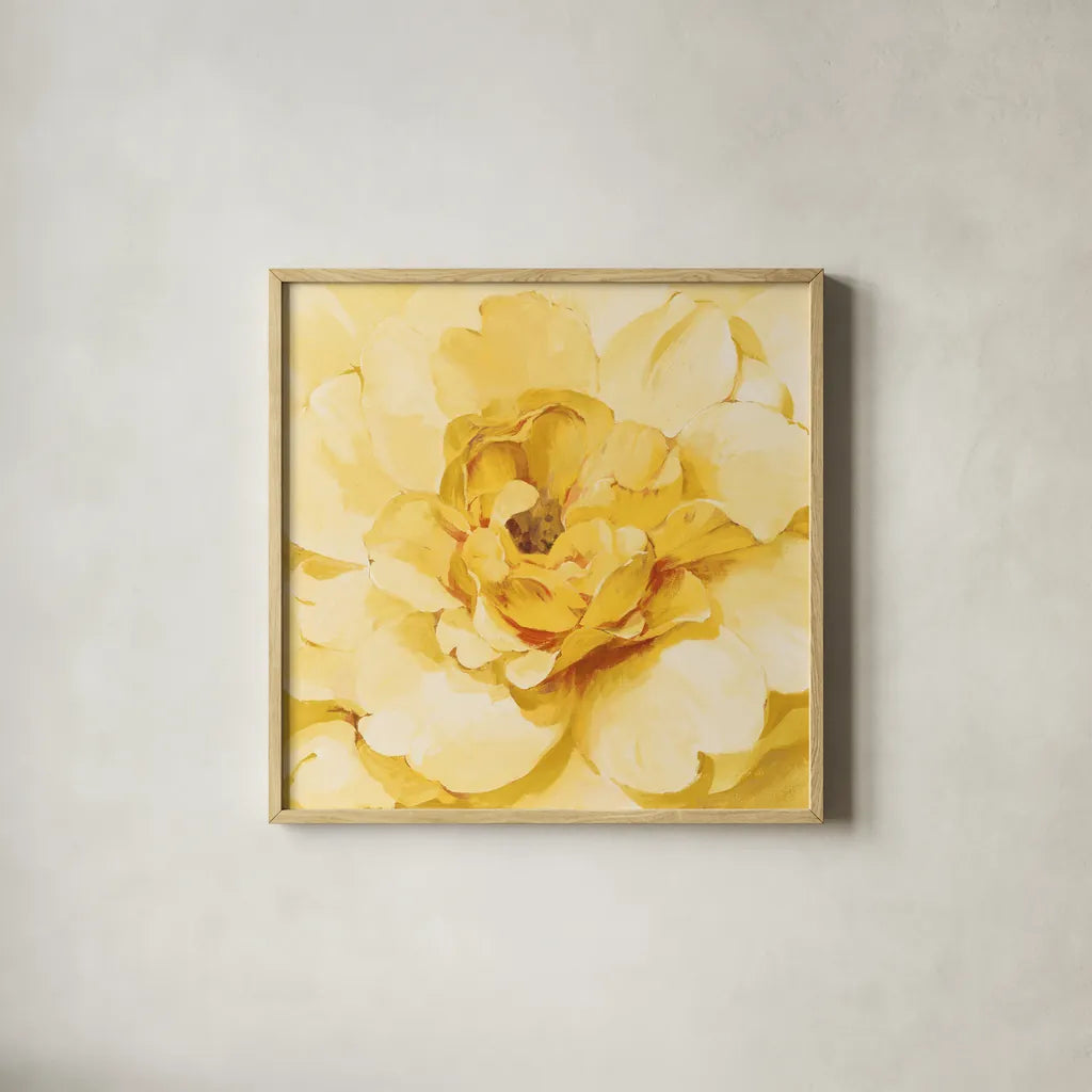 Yellow Peony by Danhui Nai. Shown in a natural wood glass frame for a timeless modern aesthetic. Available as an archival giclee rolled canvas, fine art paper, or poster print. SKU 65140a.