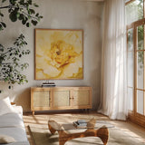 Yellow Peony by Danhui Nai. Shown in a natural wood frame in a cozy modern living room. Available as an archival giclee rolled canvas, fine art paper, or poster print. SKU 65140a.