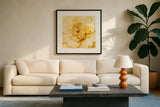 Yellow Peony by Danhui Nai. Displayed in a glass frame with matte in a clean modern living room. Available as an archival giclee rolled canvas, fine art paper, or poster print. SKU 65140a.