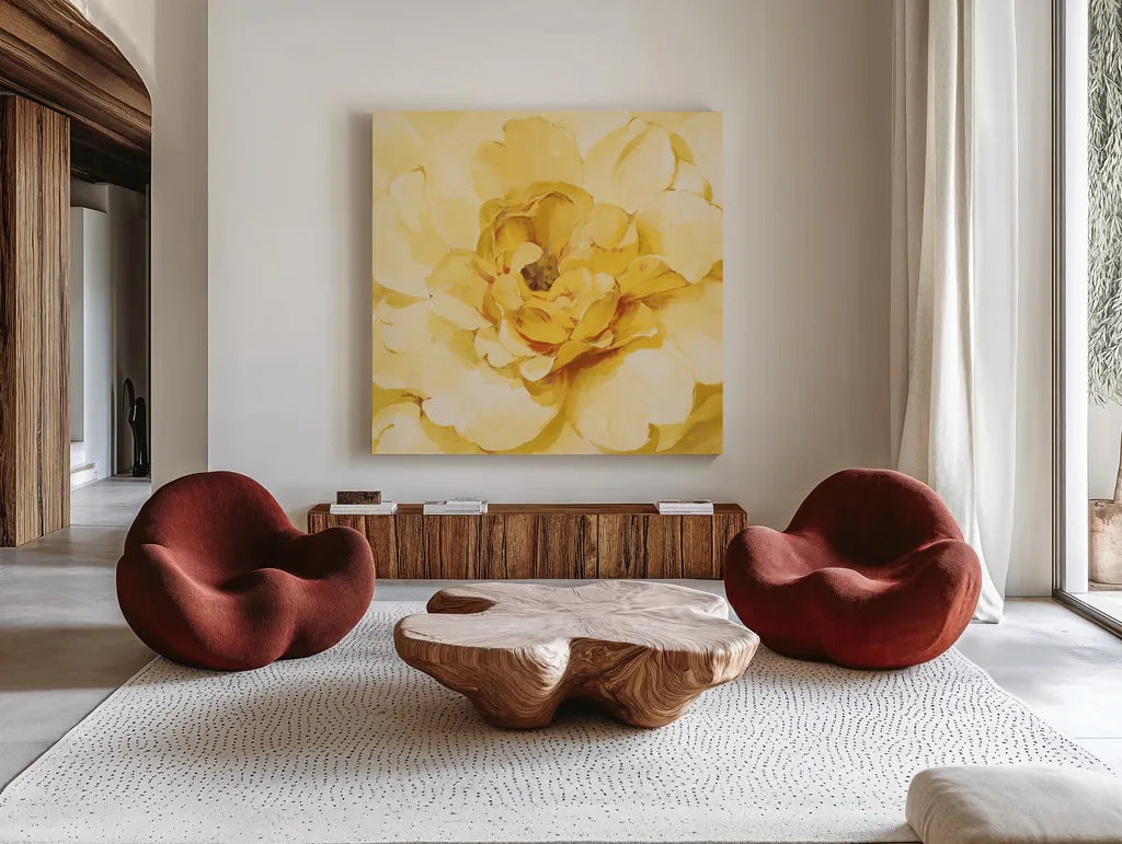Yellow Peony by Danhui Nai. Shown as extra-large giant wall art in a modern living room. Available as an archival giclee rolled canvas, fine art paper, or poster print. SKU 65140a.