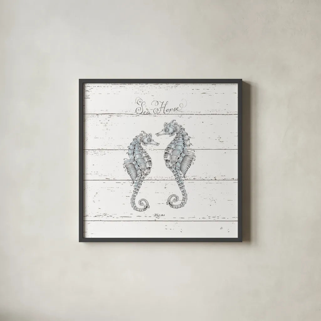 Aqua Underwater Life V Shiplap by Daphne Brissonnet. Shown in a sleek black glass frame for a contemporary gallery look. Available as an archival giclee rolled canvas, fine art paper, or poster print. SKU 38488a.