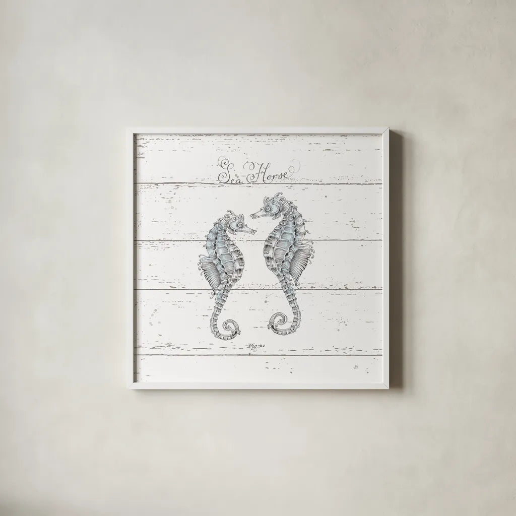 Aqua Underwater Life V Shiplap by Daphne Brissonnet. Shown in a crisp white glass frame for a clean and minimalist style. Available as an archival giclee rolled canvas, fine art paper, or poster print. SKU 38488a.