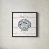 Aqua Underwater Life VIII Shiplap by Daphne Brissonnet. Shown in a sleek black glass frame for a contemporary gallery look. Available as an archival giclee rolled canvas, fine art paper, or poster print. SKU 38489a.