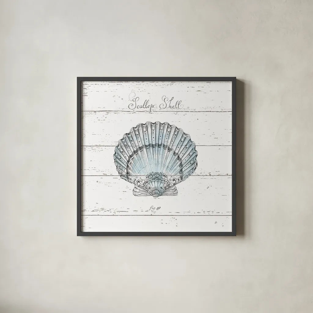 Aqua Underwater Life VIII Shiplap by Daphne Brissonnet. Shown in a sleek black glass frame for a contemporary gallery look. Available as an archival giclee rolled canvas, fine art paper, or poster print. SKU 38489a.