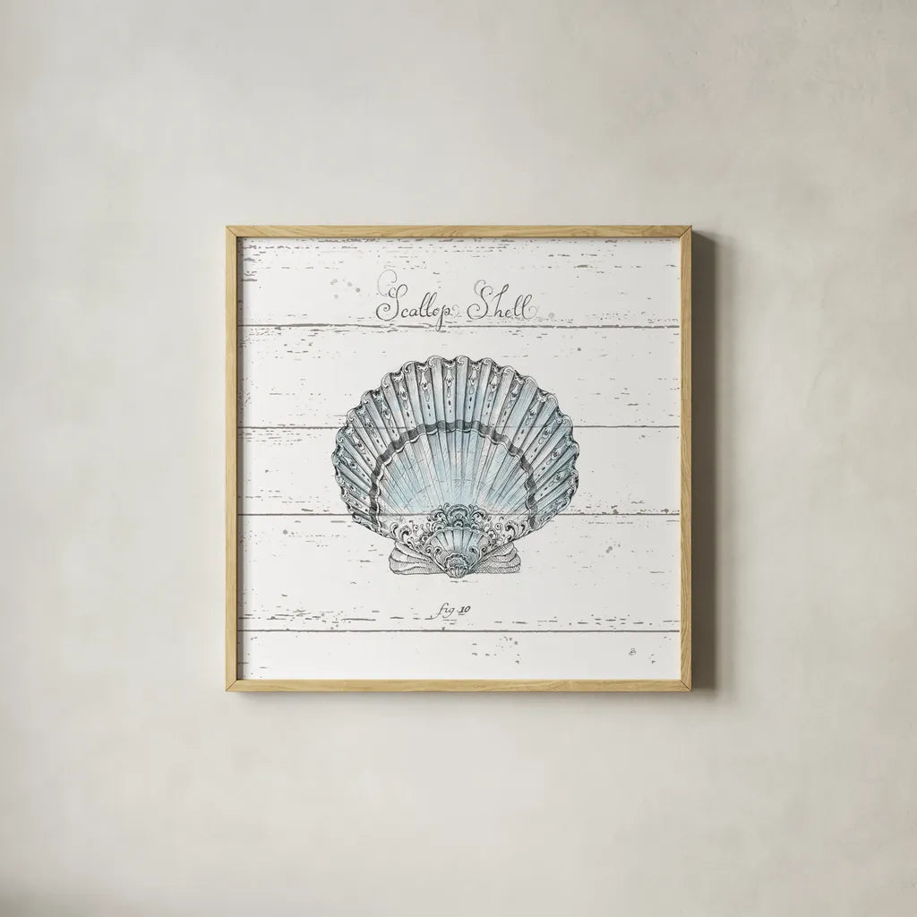 Aqua Underwater Life VIII Shiplap by Daphne Brissonnet. Shown in a natural wood glass frame for a timeless modern aesthetic. Available as an archival giclee rolled canvas, fine art paper, or poster print. SKU 38489a.