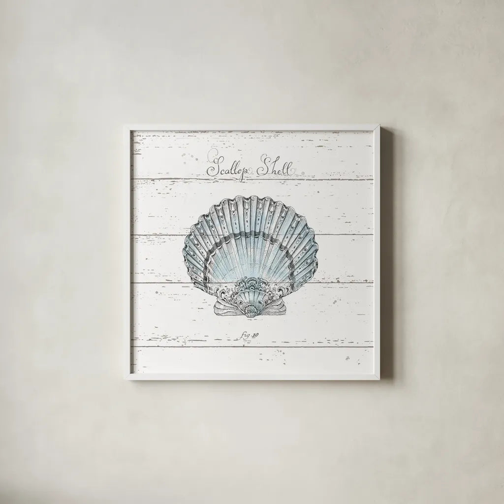 Aqua Underwater Life VIII Shiplap by Daphne Brissonnet. Shown in a crisp white glass frame for a clean and minimalist style. Available as an archival giclee rolled canvas, fine art paper, or poster print. SKU 38489a.
