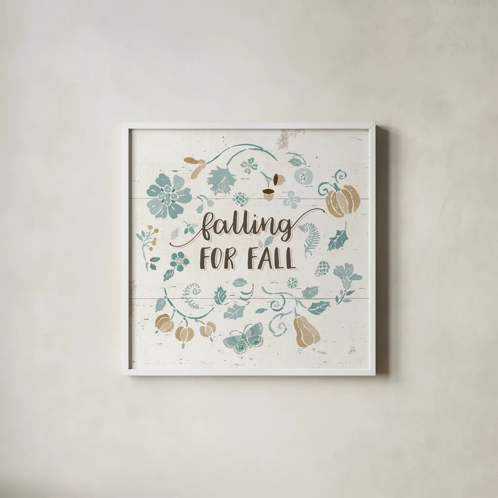 Autumn Impressions III on Wood Blue by Daphne Brissonnet. Shown in a crisp white glass frame for a clean and minimalist style. Available as an archival giclee rolled canvas, fine art paper, or poster print. SKU 36989a.