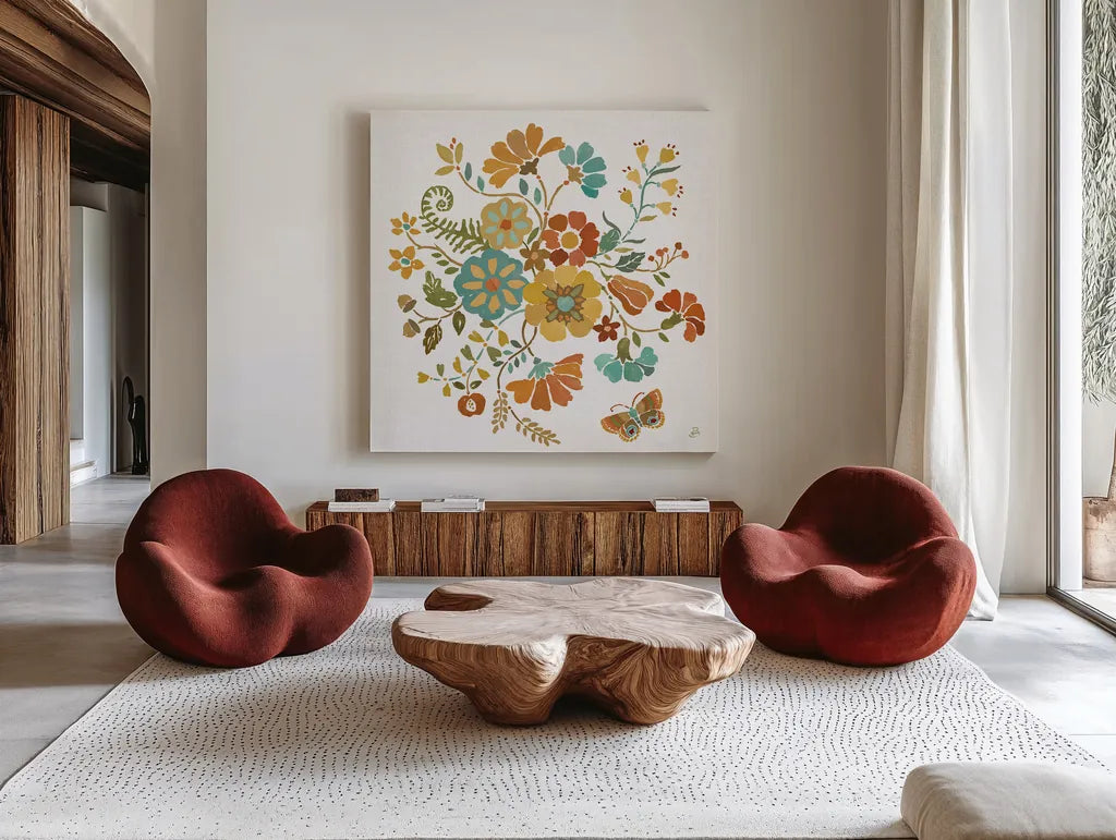 Autumn Impressions V by Daphne Brissonnet. Shown as extra-large giant wall art in a modern living room. Available as an archival giclee rolled canvas, fine art paper, or poster print. SKU 35048a.