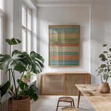 Batik Stripes II by Daphne Brissonnet. shown as a print in a natural wood frame in a dining room. Available as a archival giclee rolled canvas, fine art paper, or poster print. SKU 24908h.
