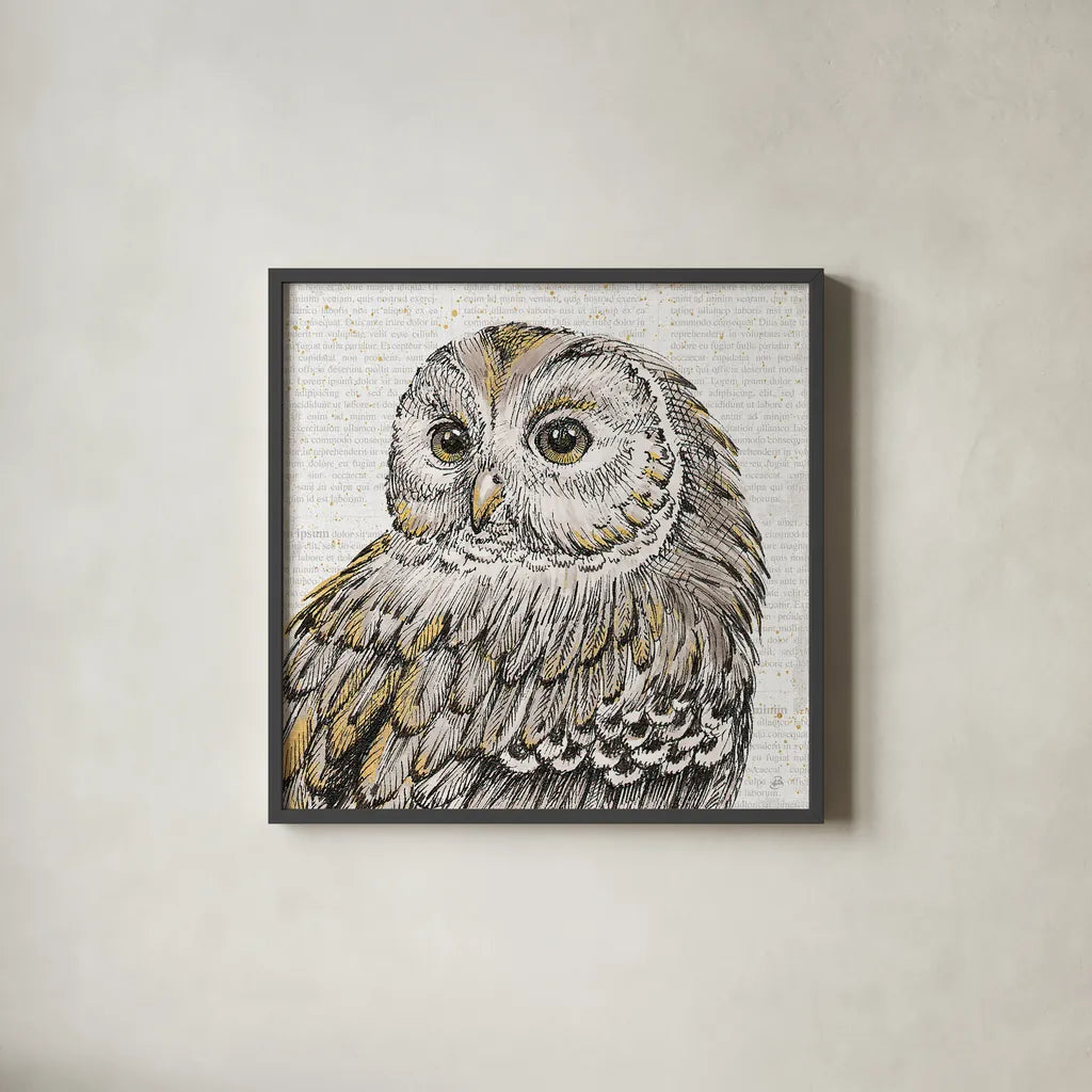 Beautiful Owls I by Daphne Brissonnet. Shown in a sleek black glass frame for a contemporary gallery look. Available as an archival giclee rolled canvas, fine art paper, or poster print. SKU 28801a.